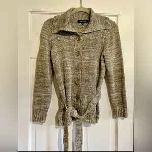 Vtg Evan Picone S Women's Tan Gold Marled Gold buttons Belted Sweater Cardigan